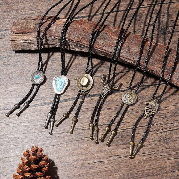 6Pcs Bolo Tie Set for Men, Western Cowboy, Turquoise & Tiger Eye Stone Neck Tie - Picture 6 of 9